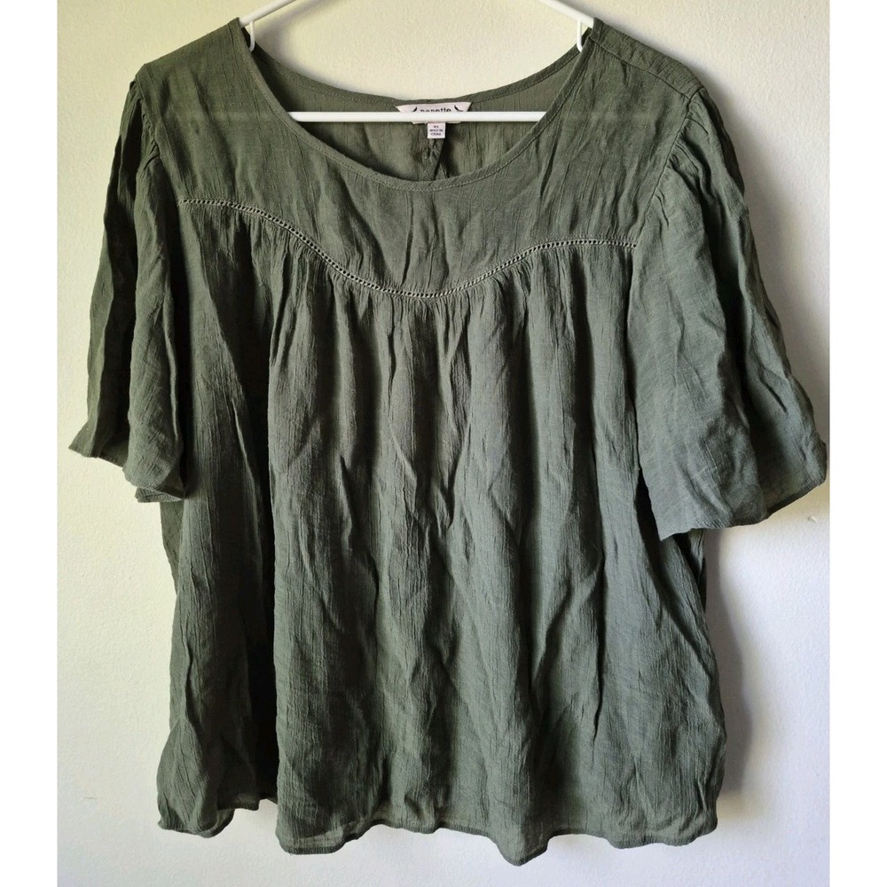 Nanette Lepore Short-sleeve Blouse Scoop Neck Flowy Boho Olive Green Size XL